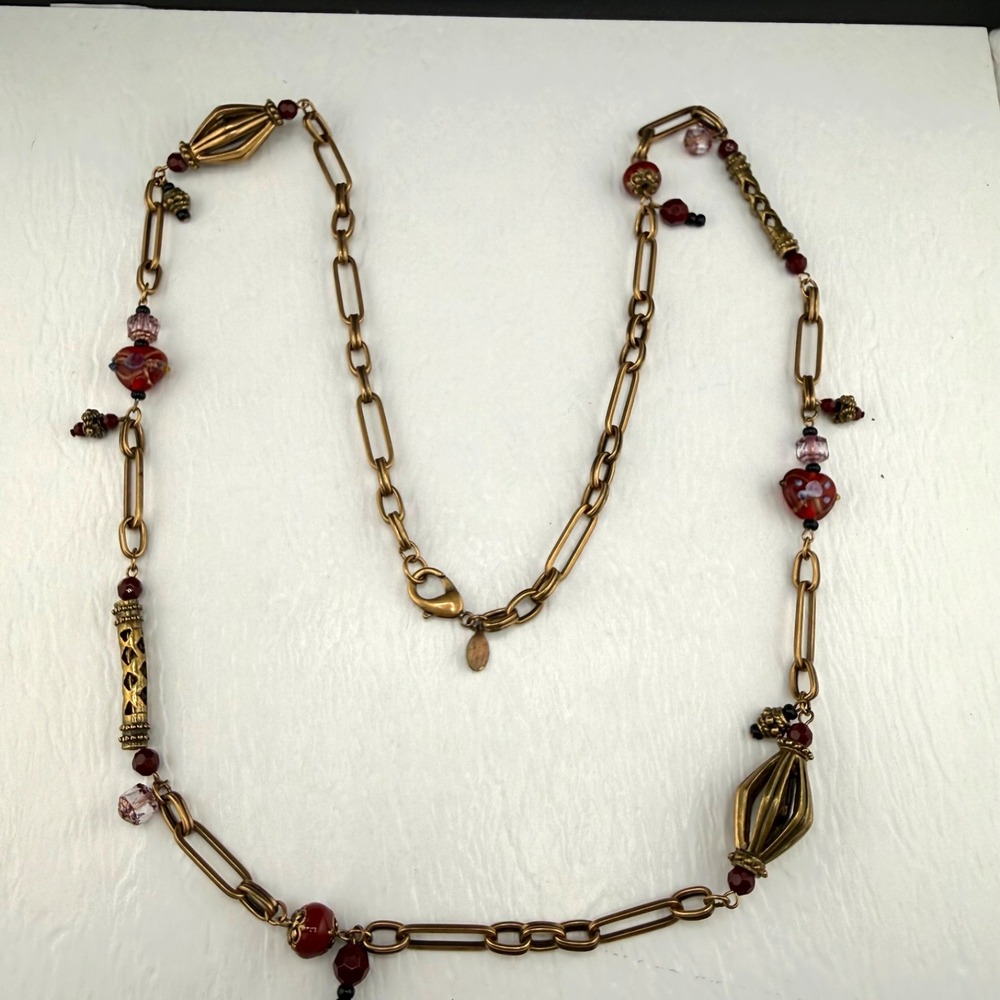 Chico's Necklace Gold Tone Red Pink Rhinestone Beaded Signed 36"